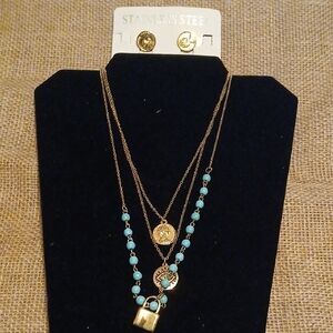 Gold and Turquoise Layered Necklace Set